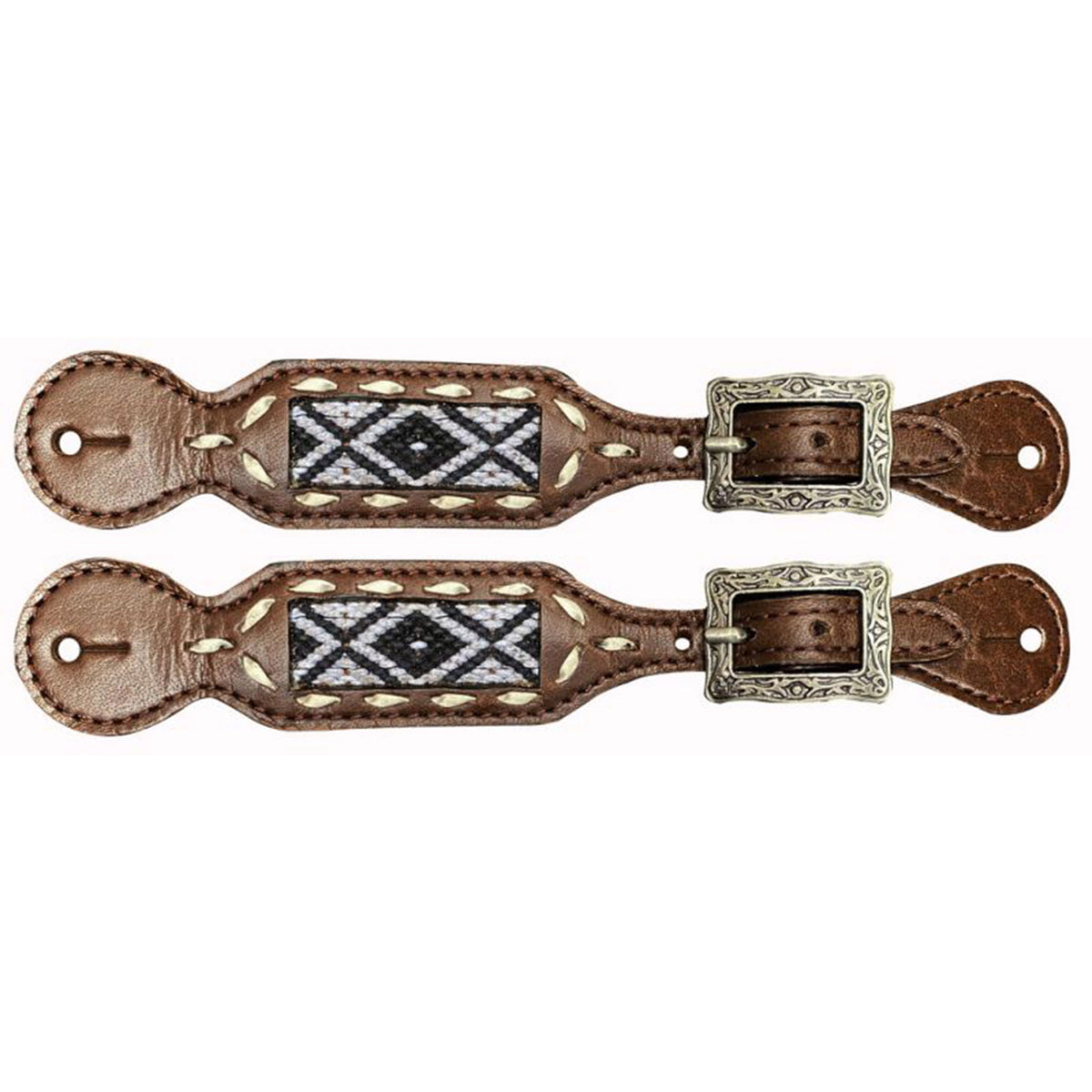 Showman Ladies Spur Straps with Black & White Woven Southwest Fabric Design