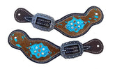 Showman Ladies Cowhide spur straps with teal acid wash and accent teal leather patch