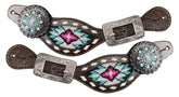 Showman Pink and Teal Beaded Ladies Spur Straps with bling conchos