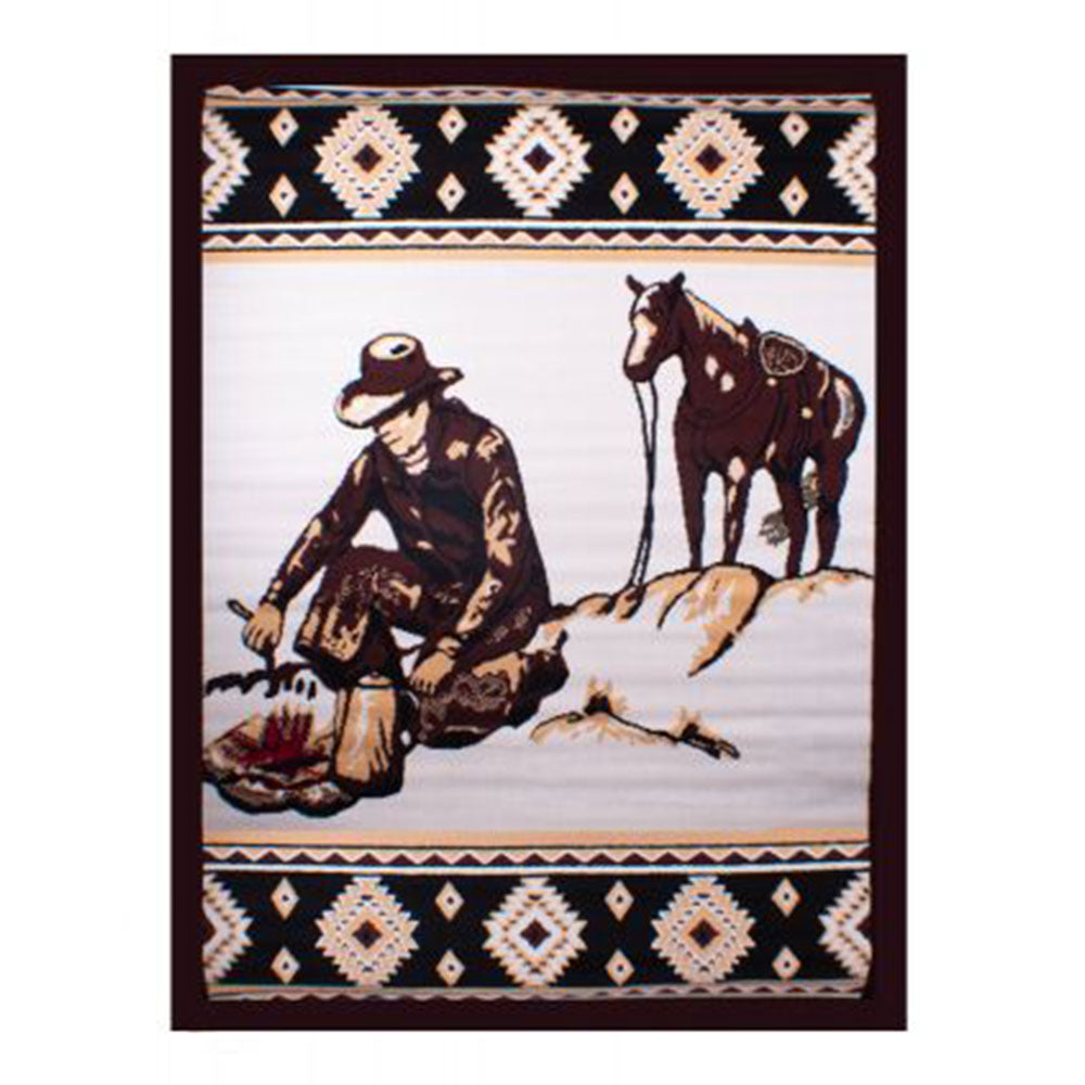 Horse and rider campfire scene area rug with southwest border