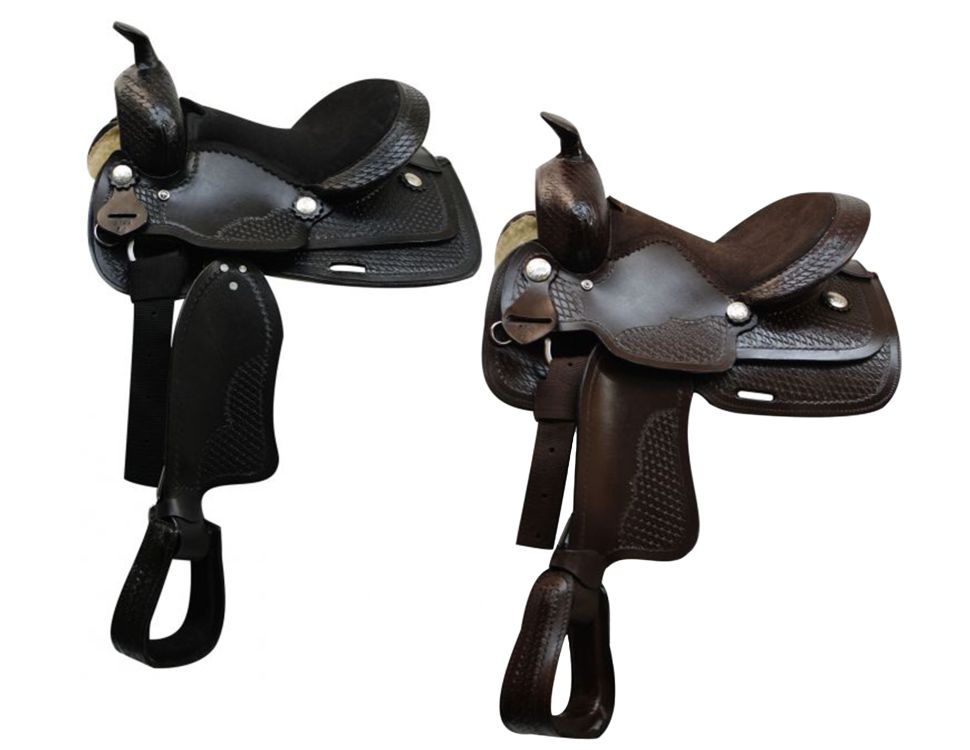 12" Economy western saddle with basket weave tooling and leather wrapped stirrups