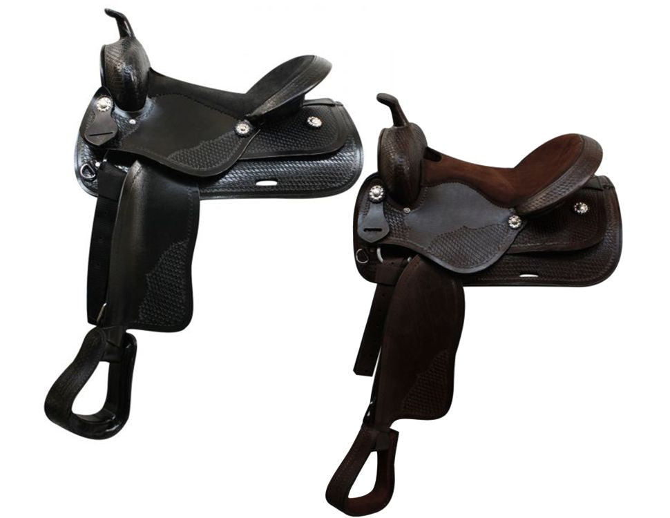 16" Economy western style saddle with suede leather seat and slightly rounded skirts