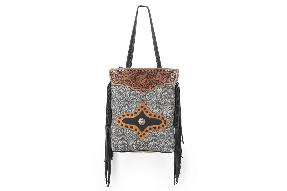 Klassy Cowgirl 16" x 18" Handtooled Leather Tote Handbag With Handblocked Rug and Leather Fringes