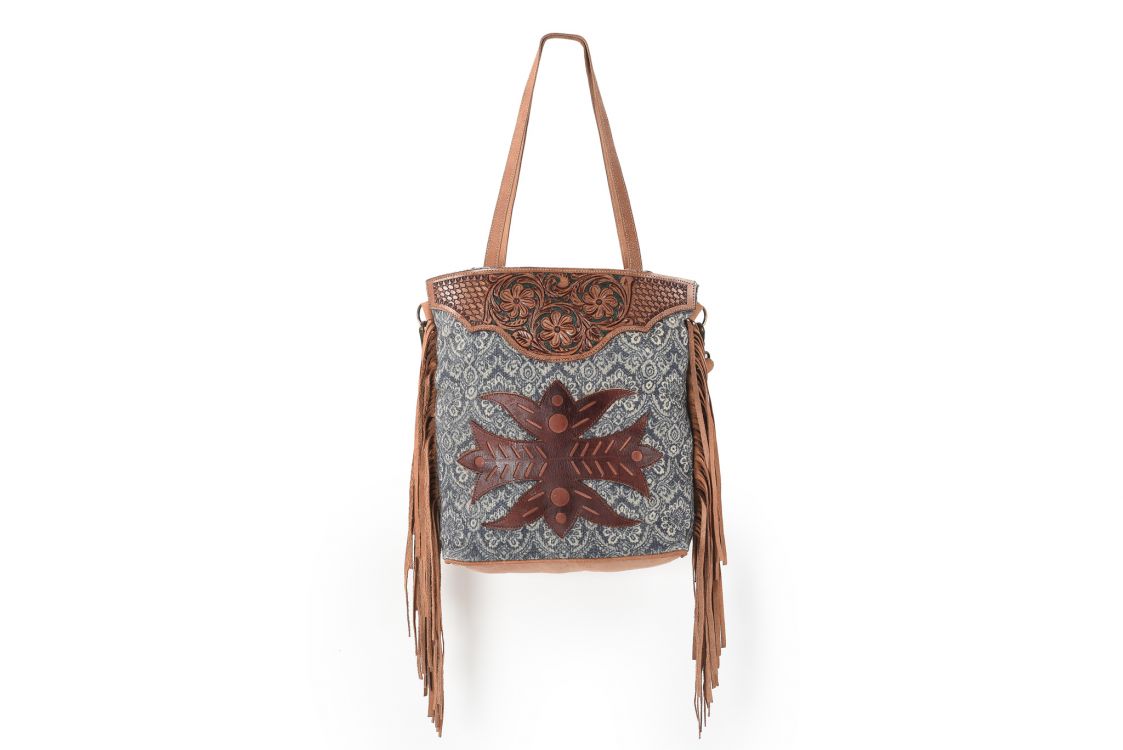 Klassy Cowgirl 16" x 15" Handtooled Leather Tote Handbag With Handblocked Rug and Leather Fringes