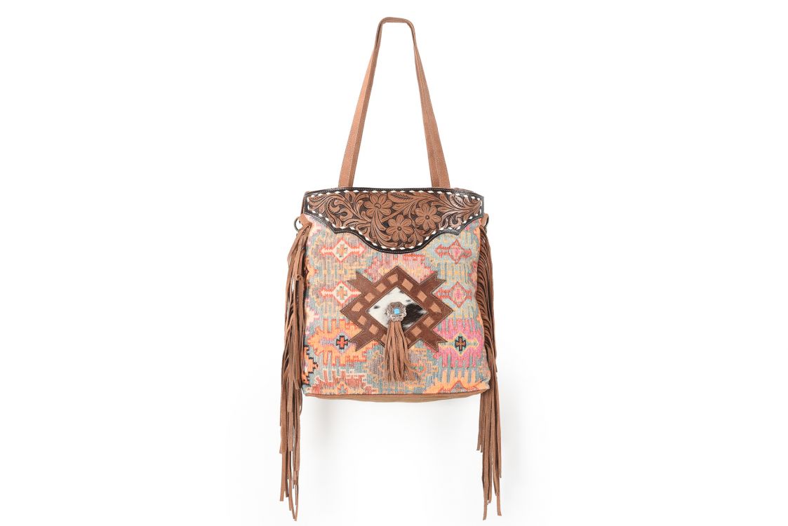 Klassy Cowgirl 17" x 15" Handtooled Leather Tote Handbag With Handblocked Rug and Leather Fringes