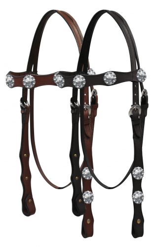 Double stitched leather headstall with engraved silver conchos