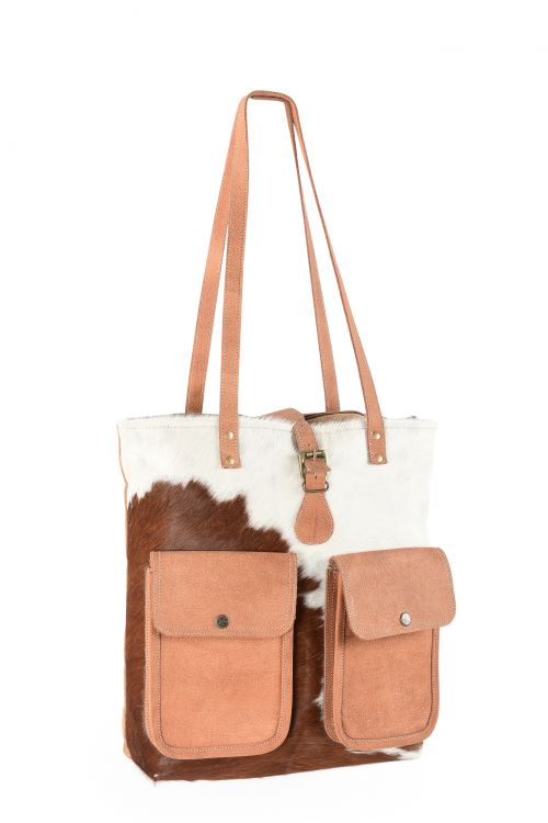 Klassy Cowgirl 16" x 17" Tote Handbag With Hair on Cowhide and Leather Pockets