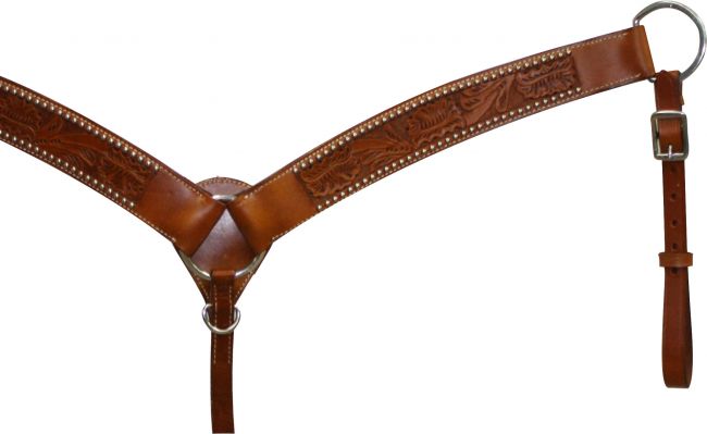 Showman Leather breastcollar has floral tooling accented with silver beads