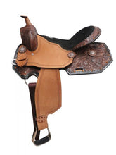 16" Double T barrel style saddle with amber colored rhinestones and floral tooling