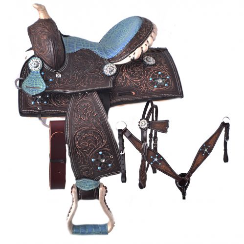 10" Double T Pony saddle set with turquoise alligator seat