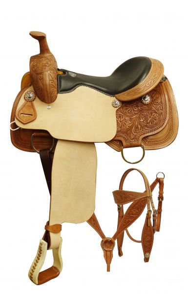 16" Double T Roper style saddle set with floral tooling