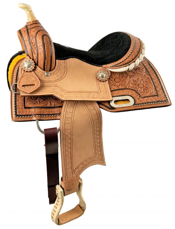 12" Double T Youth Barrel Style Saddle with hand floral tooling