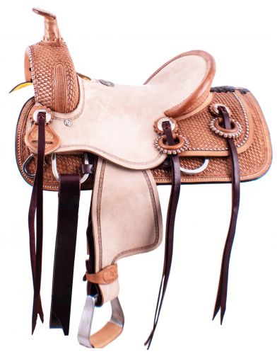12" Double T hard seat roping style saddle with basket weave tooling
