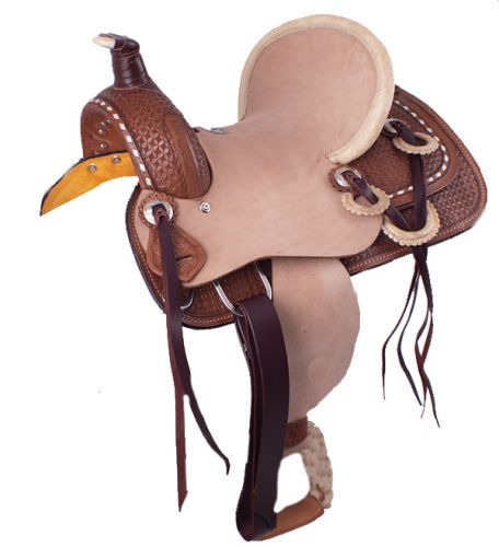 12" Double T hard seat roper style saddle with basket weave tooling with raw hide accents