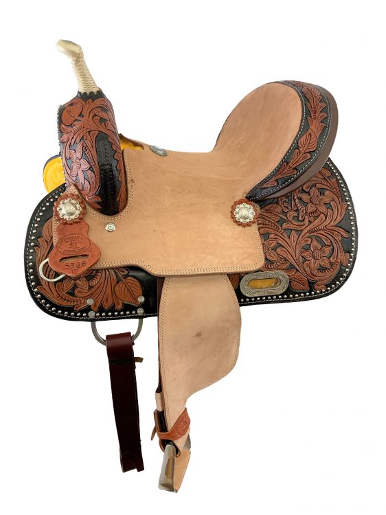 12" Double T Youth barrel style hard seat saddle with Two-Tone floral tooling