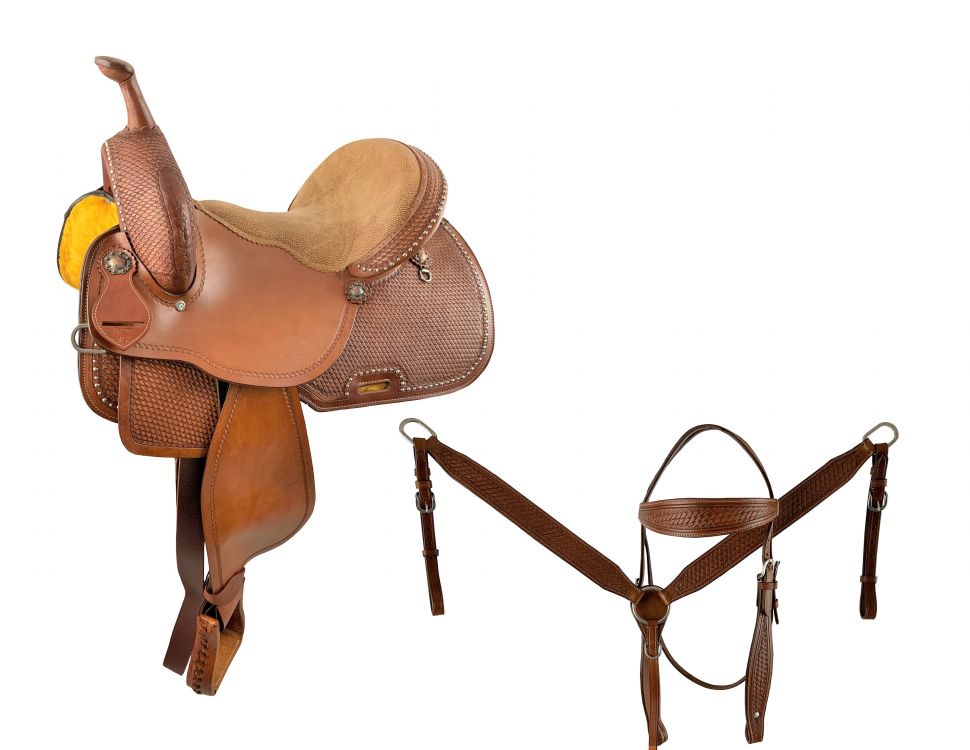 15" Economy Barrel Style Saddle Set with basket stamp tooling and silver bead accents