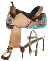 14", 15", 16" Double T barrel style saddle set with metallic teal painted cross