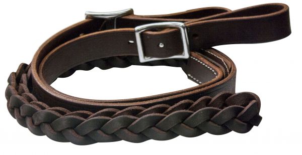Showman One piece leather braided middle roping rein with buckles