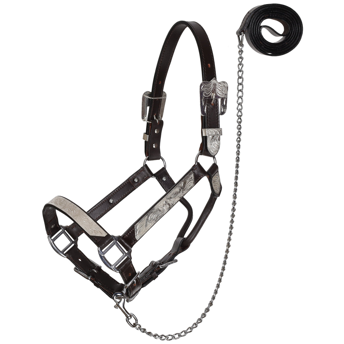 Showman Silver Bar Leather Show Halter with Lead - Average