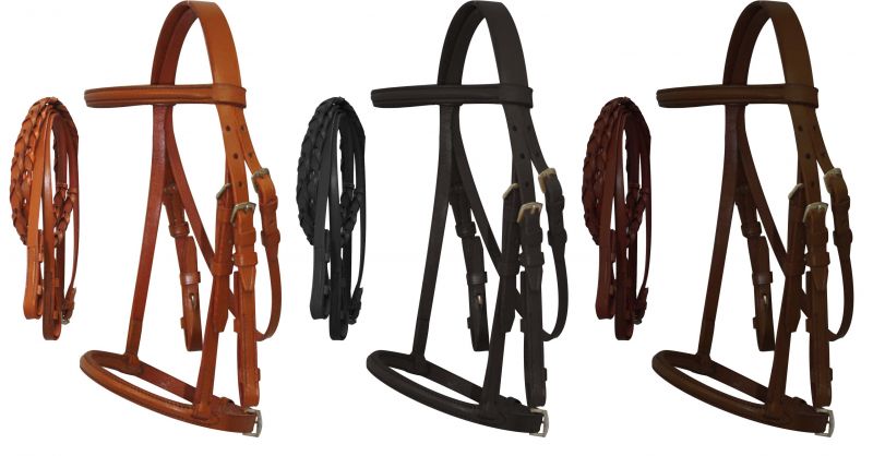 Pony Size English headstall with raised browband and braided leather reins