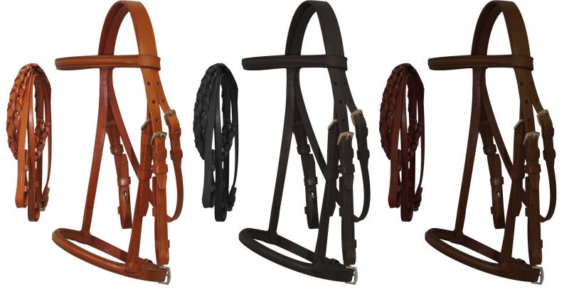 Cob Size English headstall with raised browband and braided leather reins