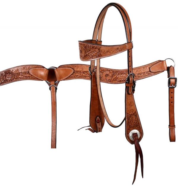 Showman double stitched leather wide browband headstall and breast collar set with floral tooling