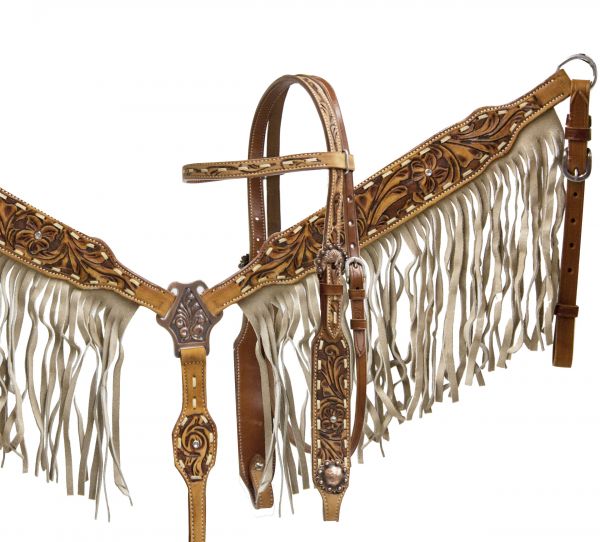 Showman double stitched leather headstall and breast collar set with tan suede fringe and floral tooling