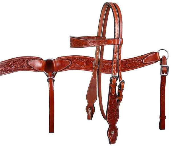 Showman double stitched leather browband headstall and breast collar set with acorn tooling