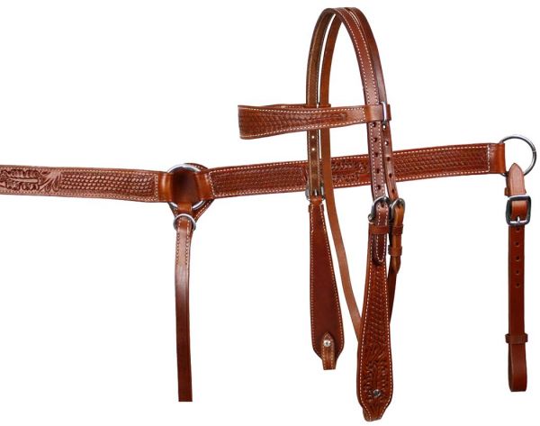 Showman double stitched leather wide browband headstall and breast collar set with basketweave and floral tooling