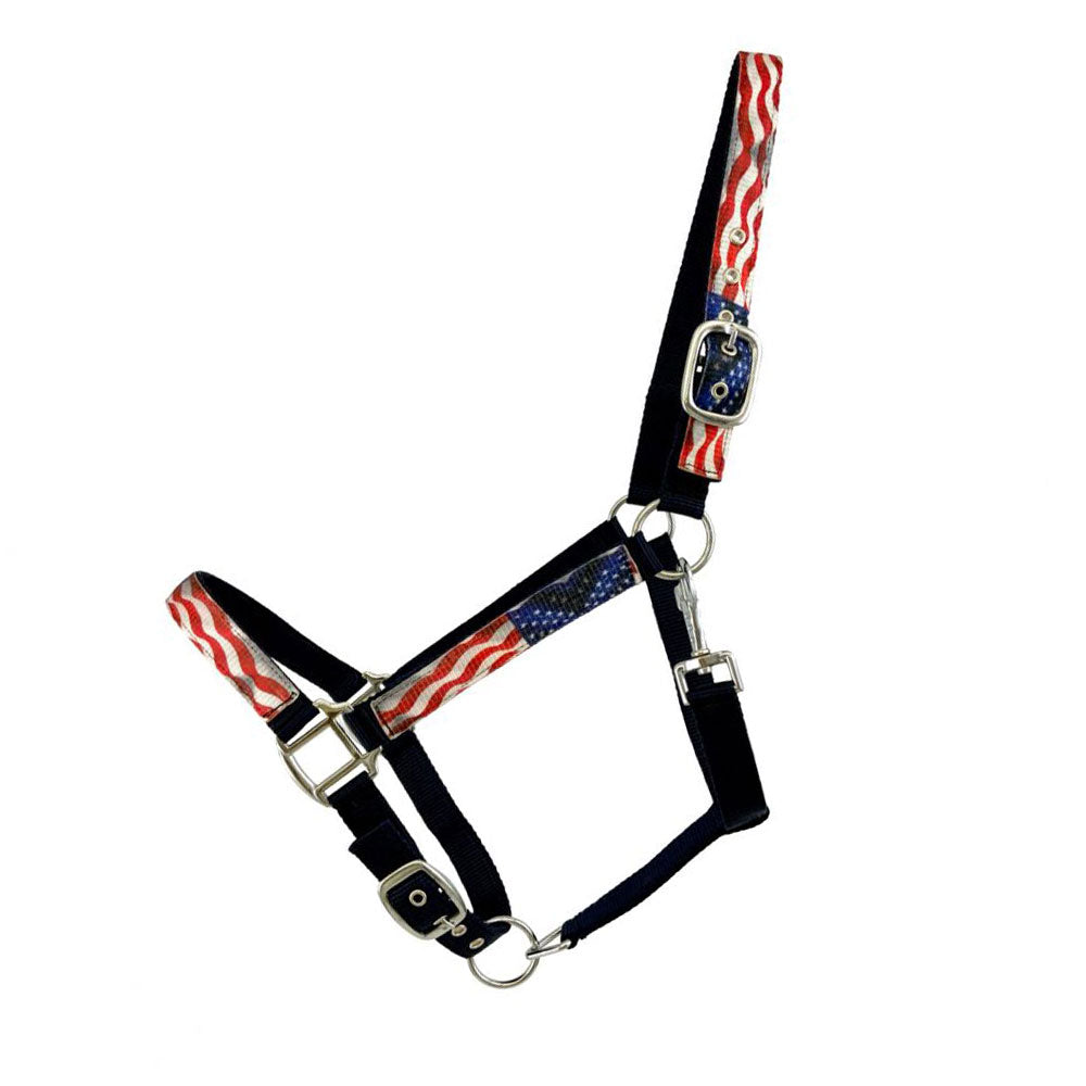 3ply Nylon Horse Sized Halter with American Flag design overlay