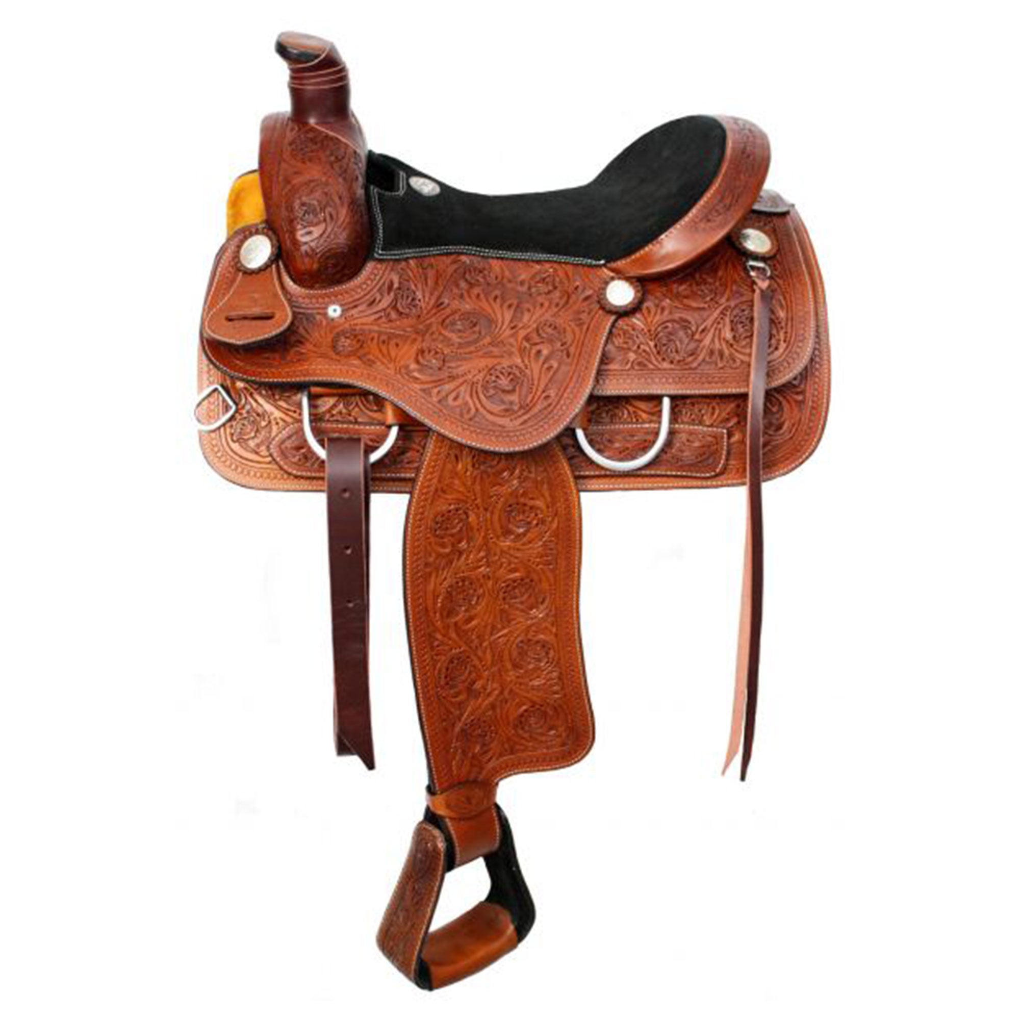 Double T Fully Tooled Roper Style Saddle with Black Suede Seat - 16 Inch