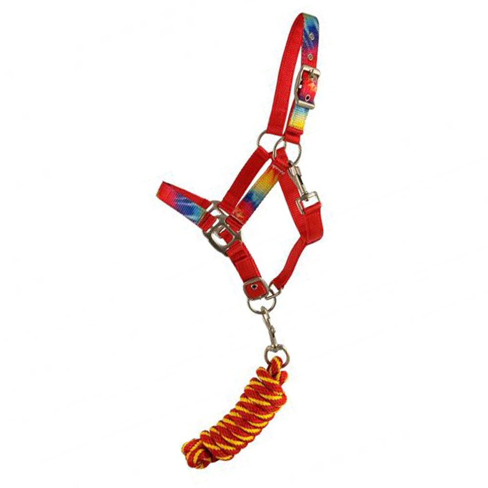 Showman Pony Triple Ply Red Nylon Halter with Tie-Dye Overlay and Lead