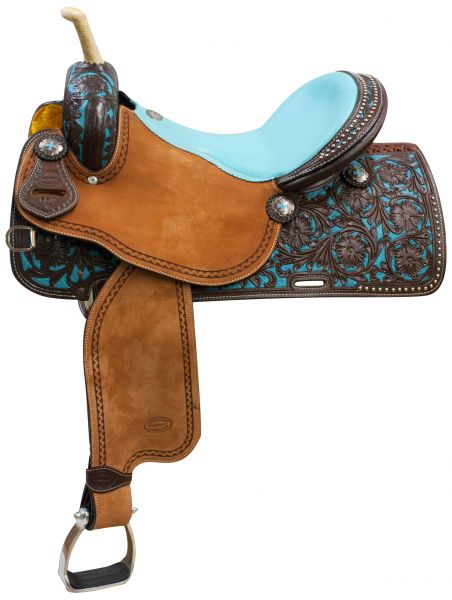 14",15", 16" Showman Argentina cow leather barrel saddle teal painted tooling