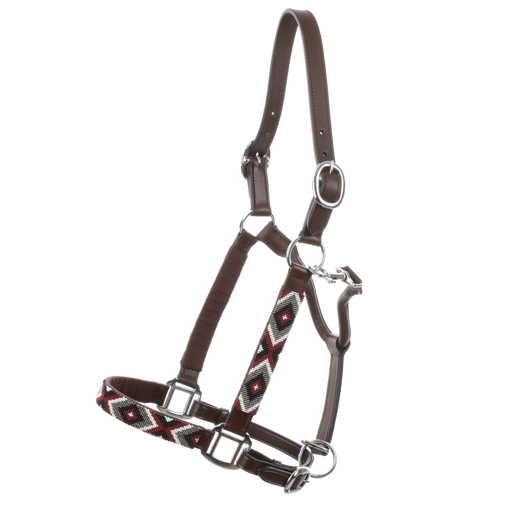 Adjustable Leather Halter with Beaded Overlay - Black/Burgundy/White