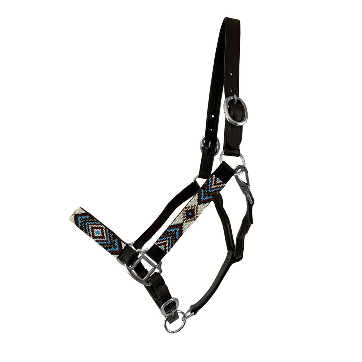 Leather Halter with Beaded Overlay - Teal, White & Burgundy