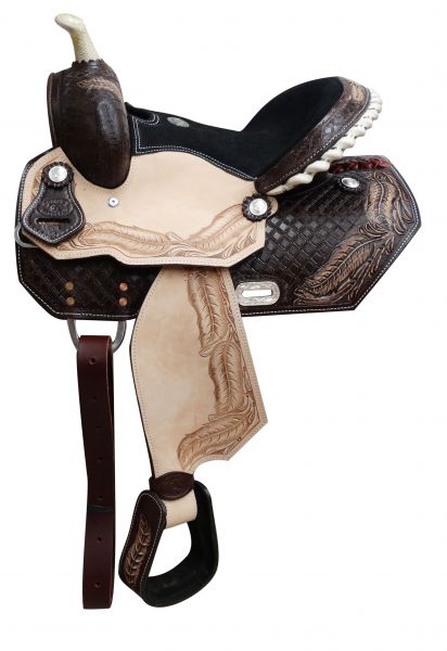 13" Youth barrel saddle with tooled feather design