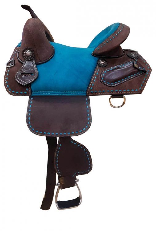 15" or 16" Treeless Saddle with turquoise colored padded seat and buckstitch trim