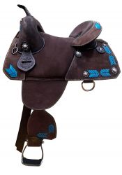 15" or 16" Double T Treeless Saddle dark brown roughout saddle with turquoise buckstitch design