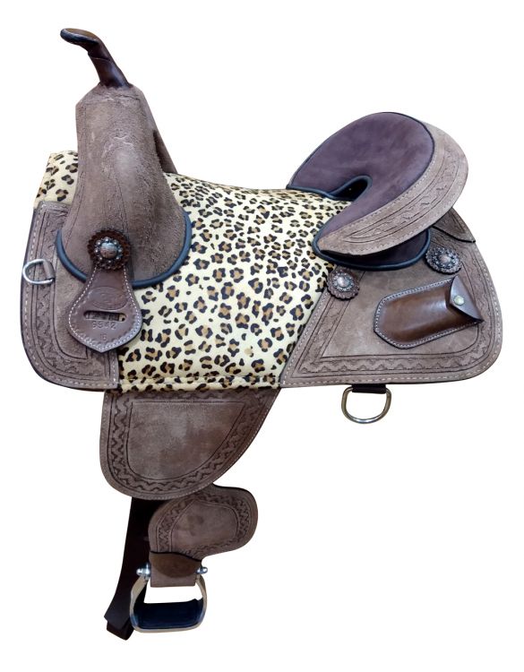 15", 16" Double T Leather Treeless Saddle with cheetah colored padded seat