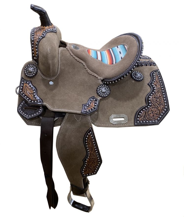 12" DOUBLE T Rough Out Barrel style saddle with Southwest Serape Printed Inlay