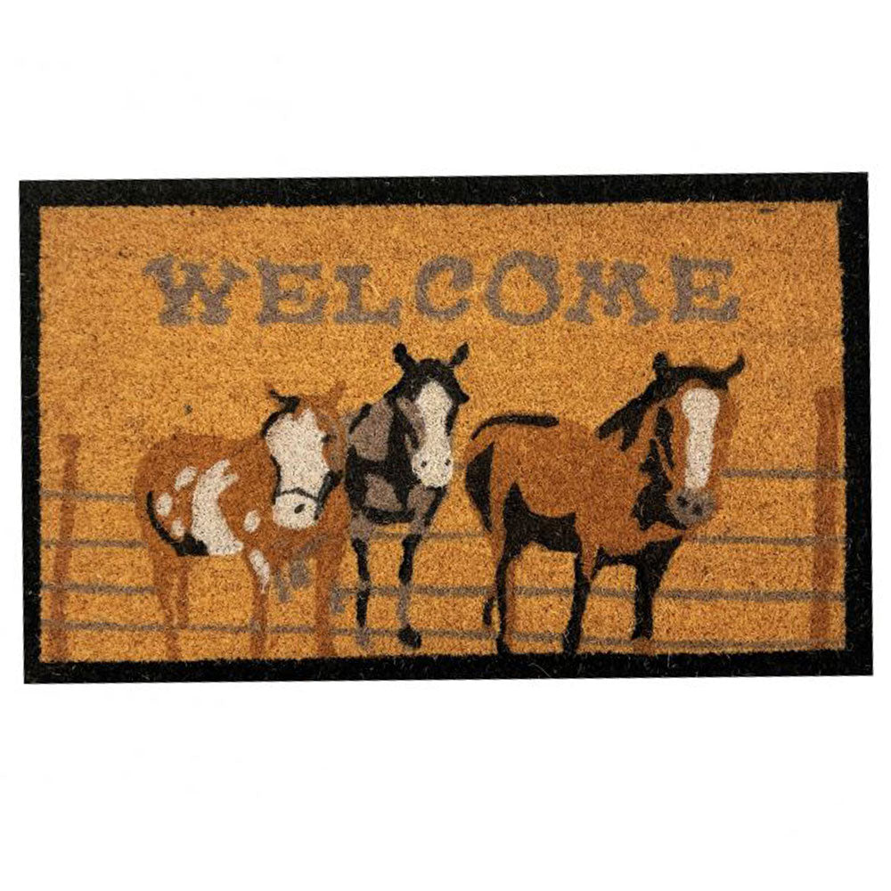 Welcome Horses at Fence Design Outdoor Door Mat