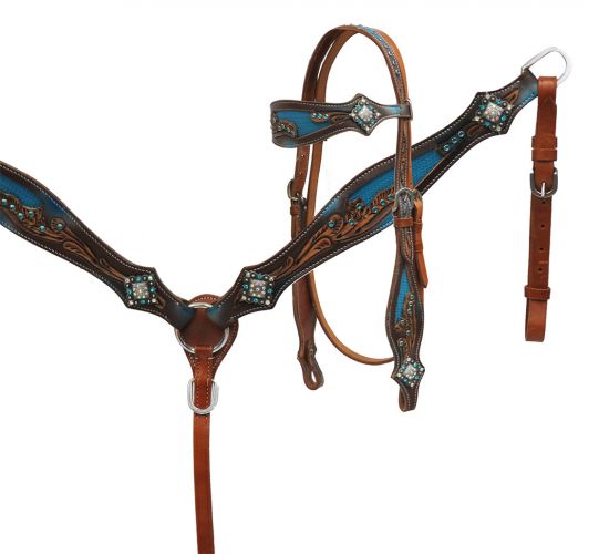 Showman Crystal rhinestone headstall and breast collar set with blue inlay