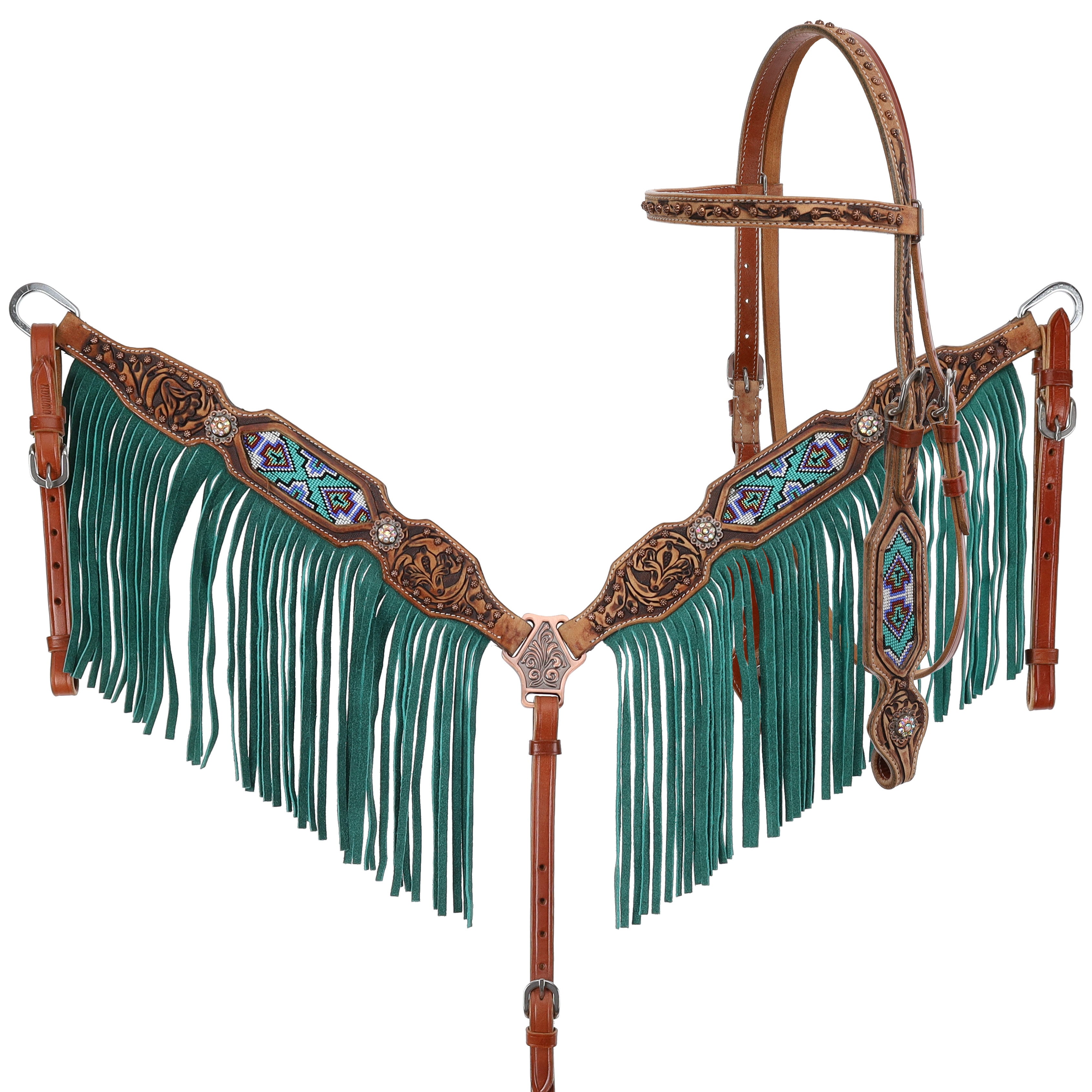 Showman Beaded Browband Headstall and Breastcollar Set with Turquoise Fringe