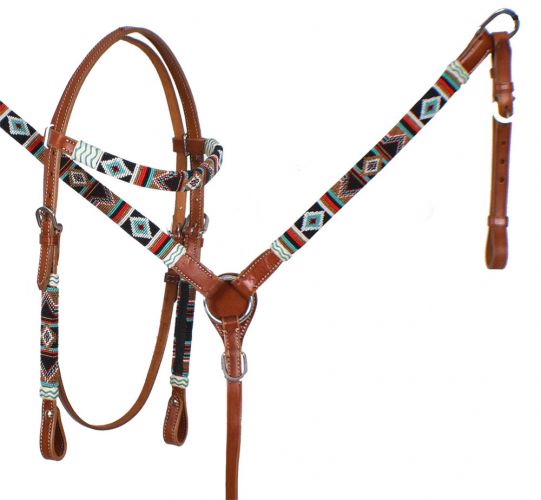 Showman Teal and Red Navajo Beaded browband headstall and breast collar set