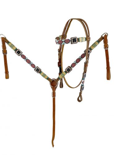 Showman Beaded Browband Bridle  Breast Collar set, this medium oil set features teal, coral and white beads in a diamond design pattern