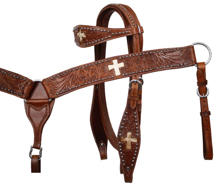 Showman Leather browband headstall and breastcollar set with cut out cross and hair on cowhide inlay