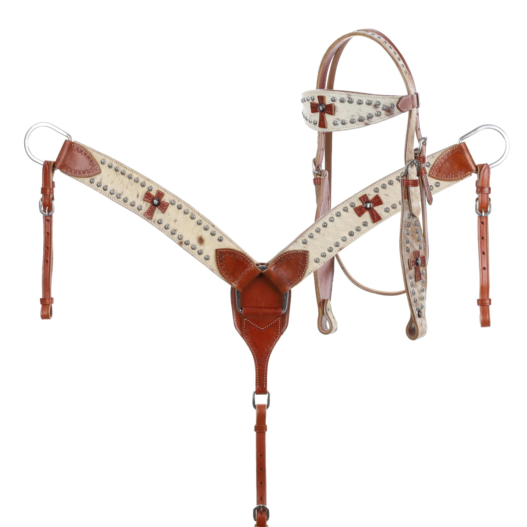 Showman double stitched leather wide browband headstall and breast collar set with hair on cowhide inlay