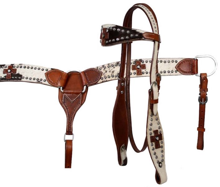 Showman double stitched leather wide browband headstall and breast collar set with hair on cowhide inlay
