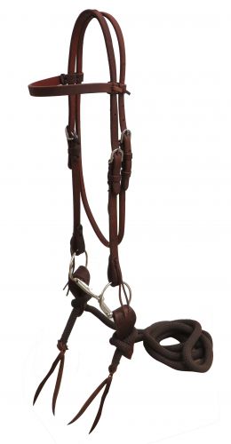 Showman Headstall made of American oiled harness leather with O-ring snaffle bit and slobber strap nylon reins