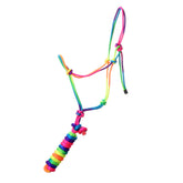 Showman Rainbow colored cowboy knot halter with lead